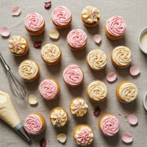 Overhead photo of pastel cupcakes with heart toppers on a cozy table