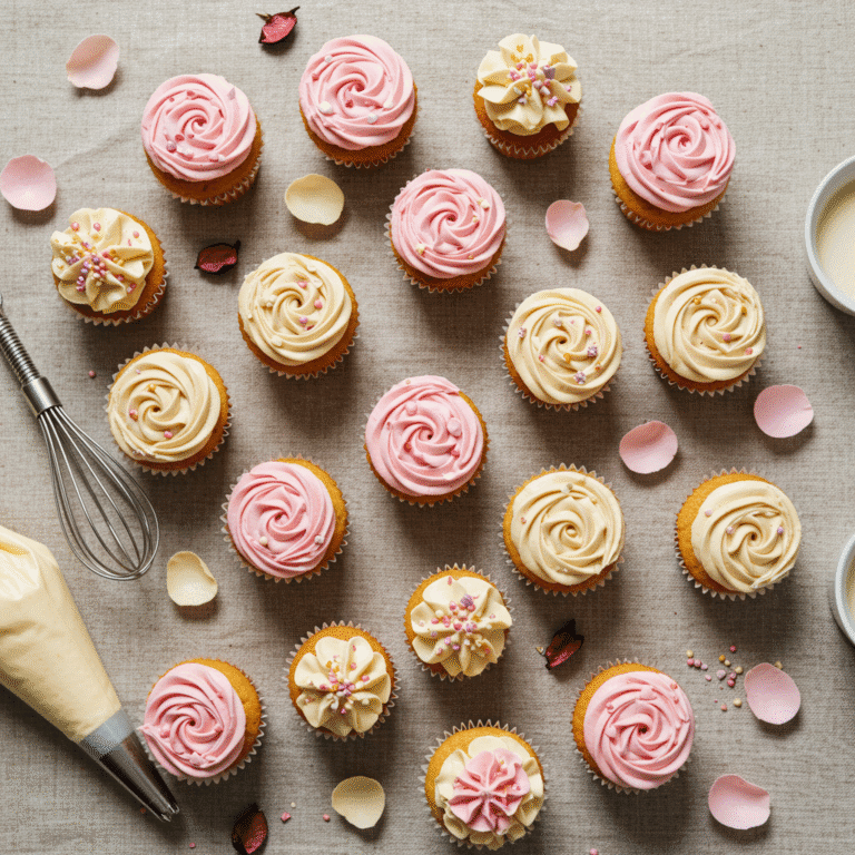 Overhead photo of pastel cupcakes with heart toppers on a cozy table
