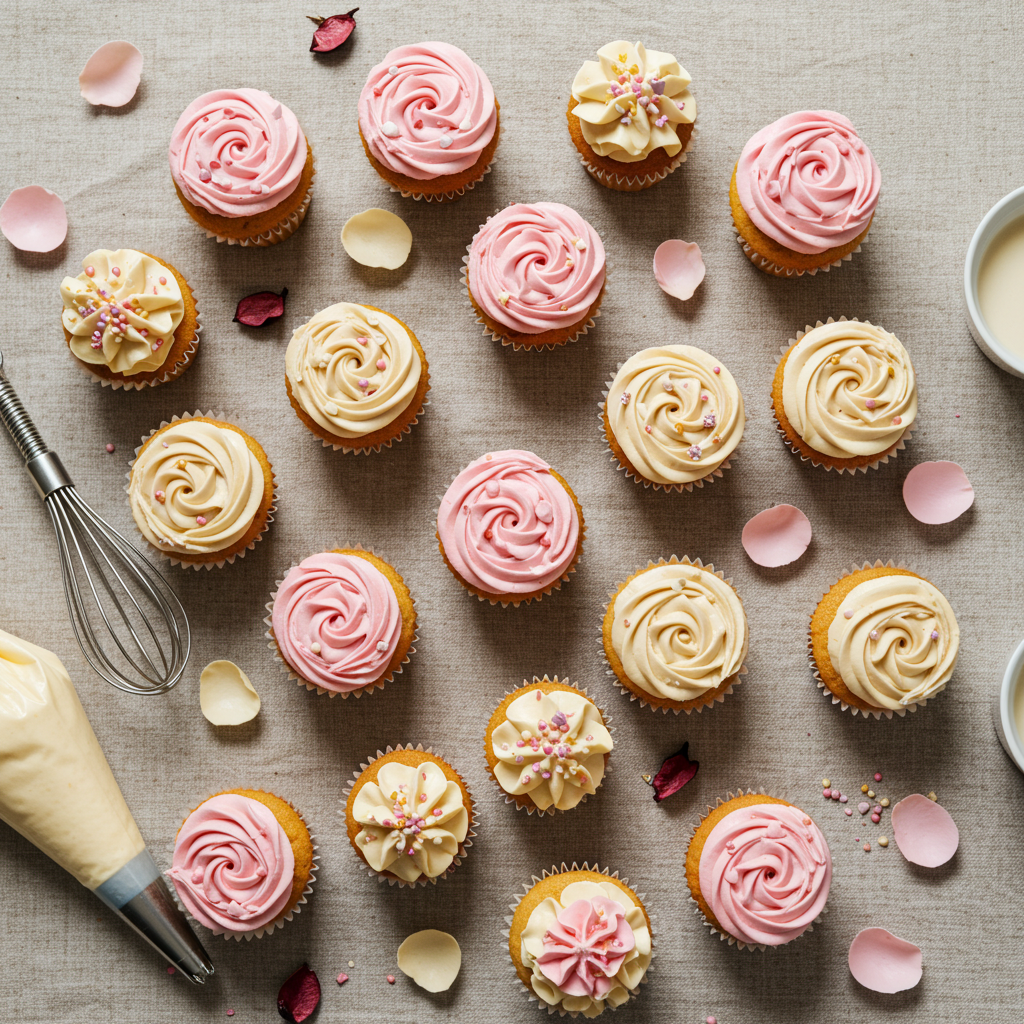 Overhead photo of pastel cupcakes with heart toppers on a cozy table