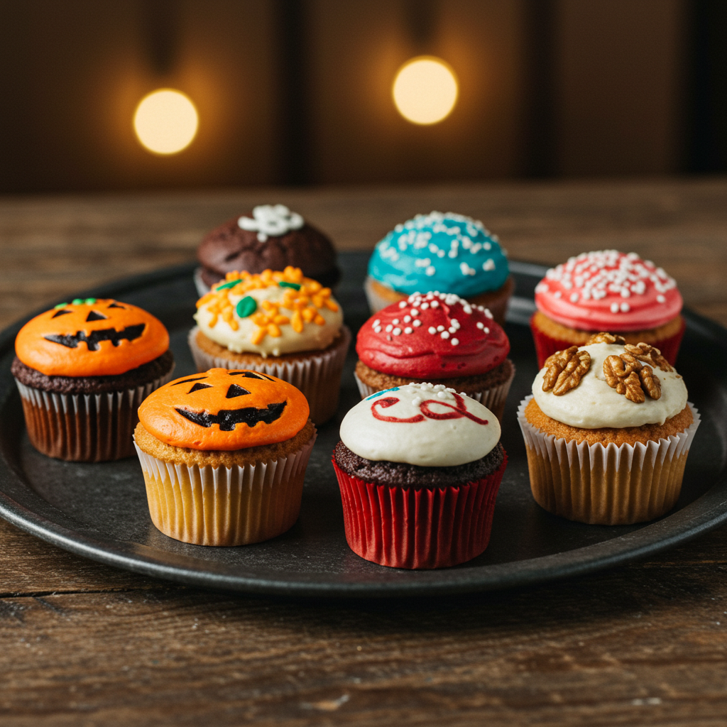 A tray of assorted cupcakes showing festive and healthy styles from jscupcakes