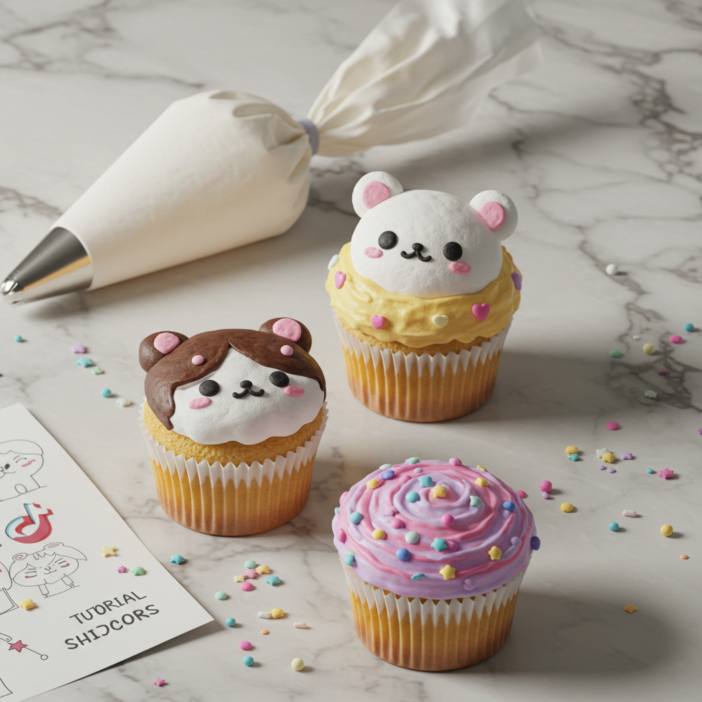 Trendy cupcakes styled like anime characters and TikTok designs