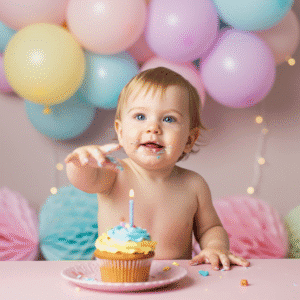 Toddler reaching for a birthday cupcake with party decorations in the background