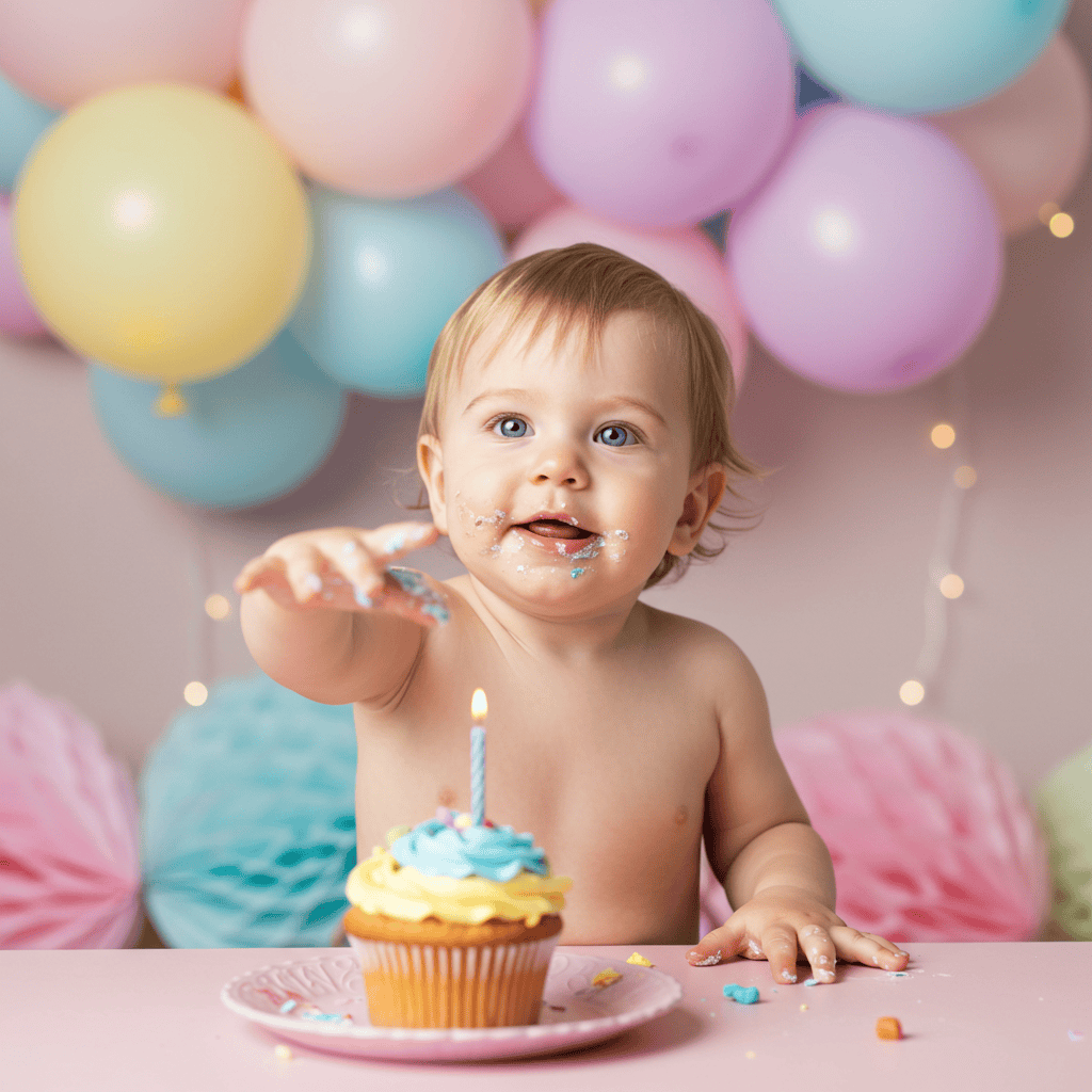 Toddler reaching for a birthday cupcake with party decorations in the background