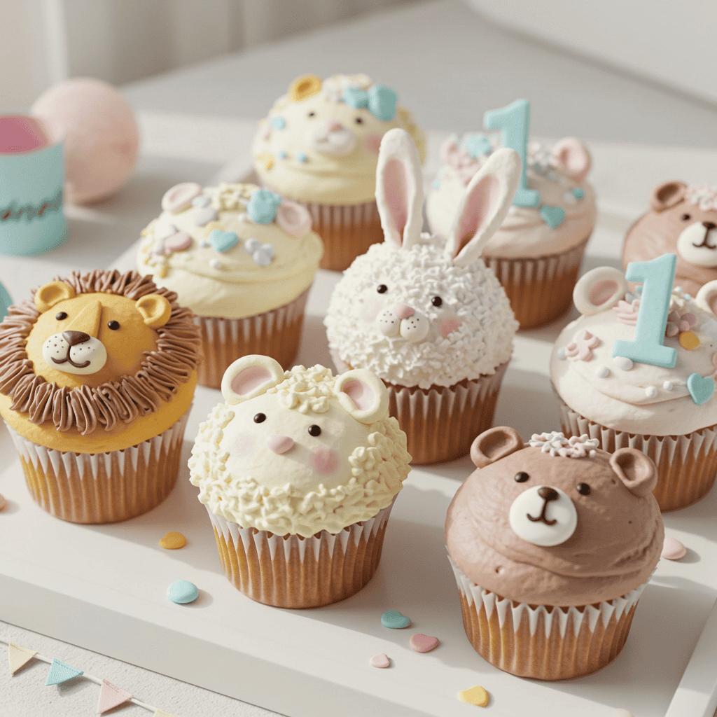 Birthday cupcakes decorated with animal faces and pastel frosting
