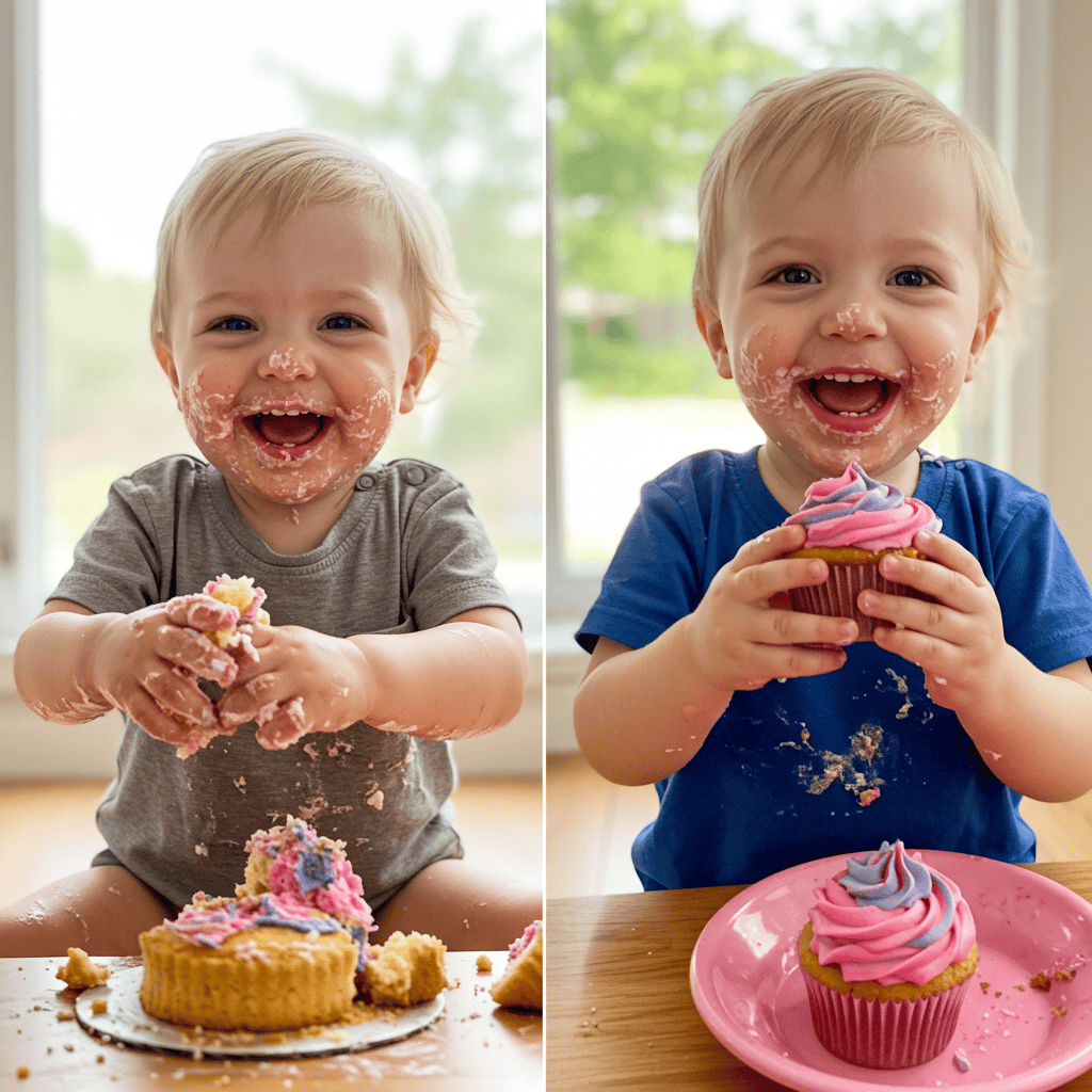 Comparison of a toddler smashing a mini cake and another enjoying a birthday cupcake