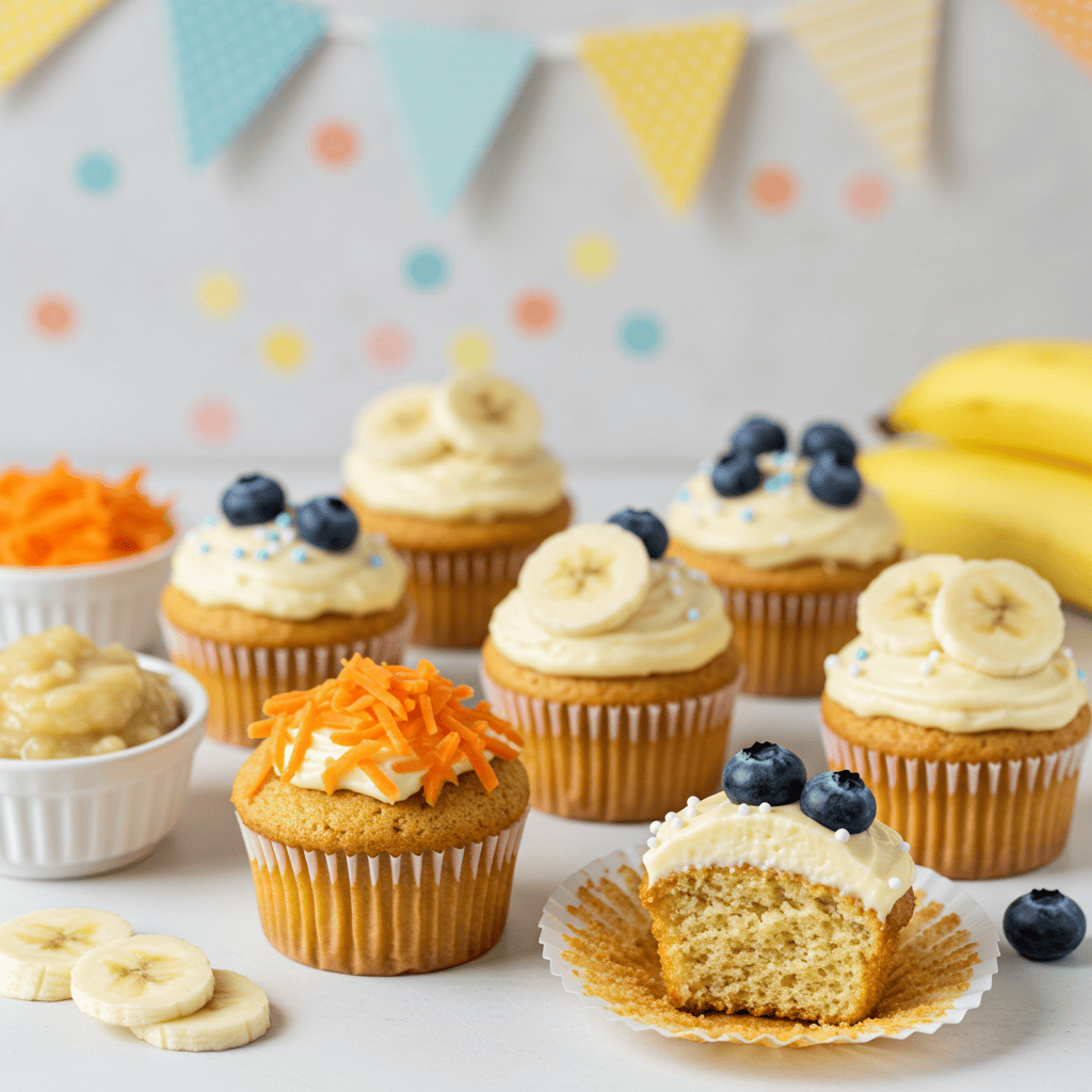 Healthy homemade cupcakes with banana, carrot, and fruit toppings for babies