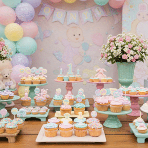 Pastel-themed first birthday party setup with cupcakes and baby decorations