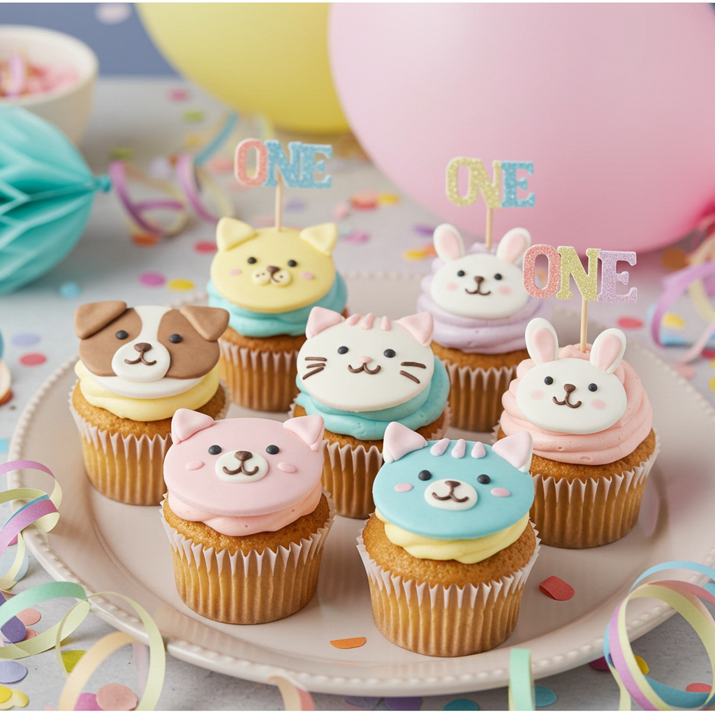 First Birthday Cupcake cupcakes with animal faces, pastel swirls, and “ONE” toppers