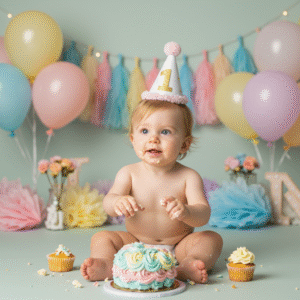 Toddler choosing between a smash cake and a cupcake at a birthday party