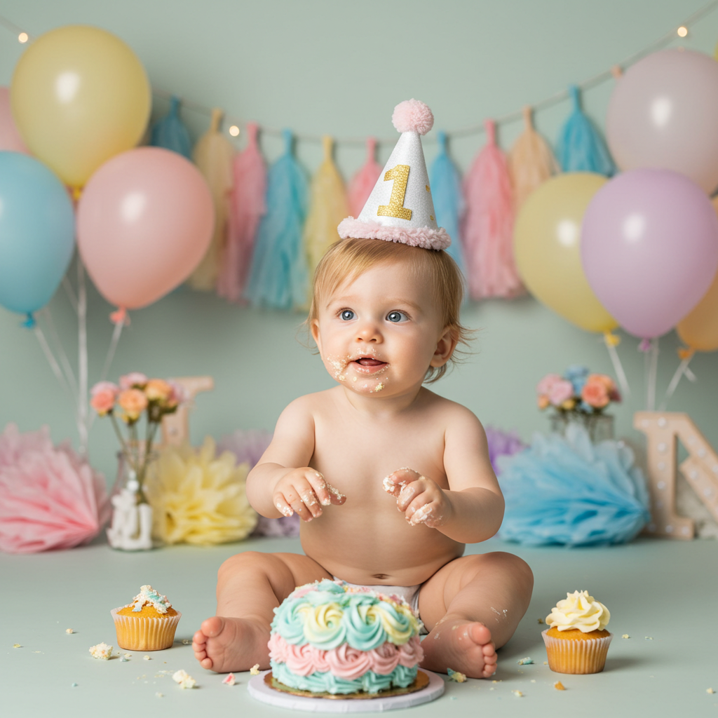 Toddler choosing between a smash cake and a cupcake at a birthday party
