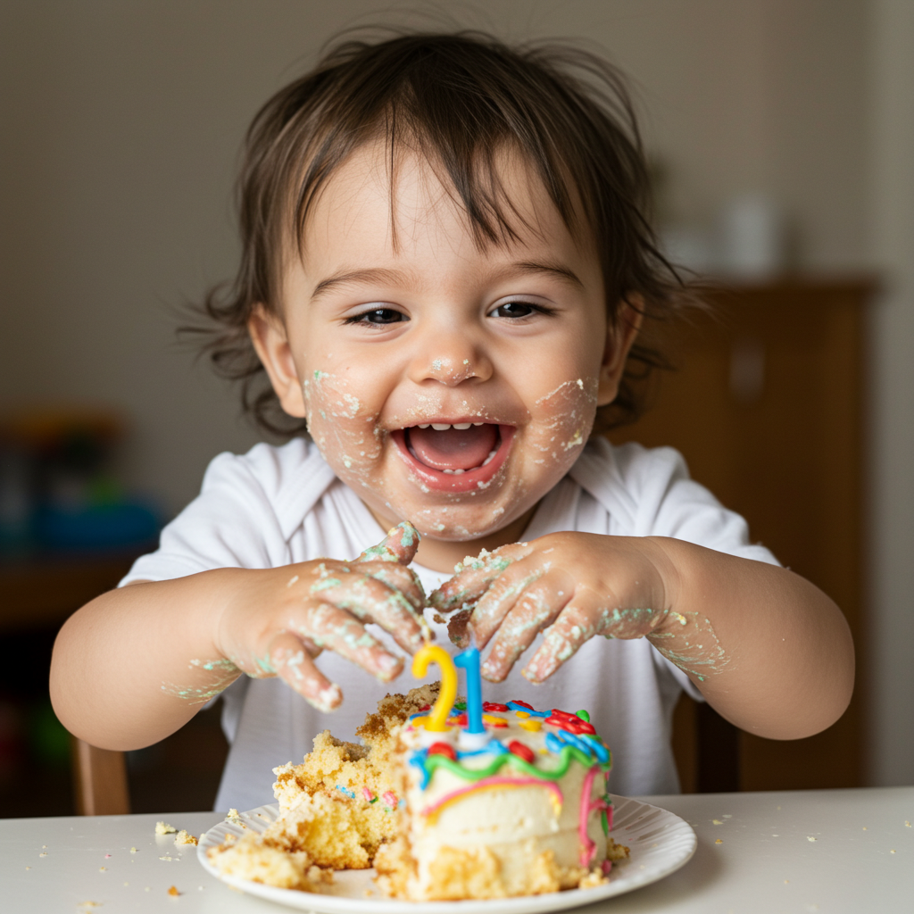Baby joyfully smashing a smash cake with frosting-covered hands — perfect for a smash cake vs. cupcake comparison.