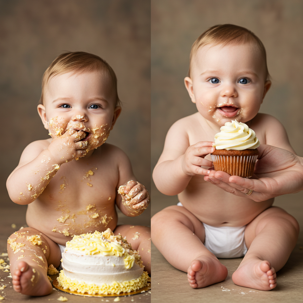 Visual comparison of smash cake vs. cupcake during toddler birthdays