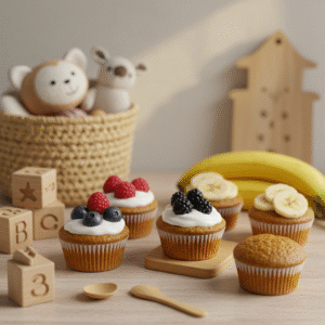 Healthy baby cupcakes topped with fruit and yogurt on a birthday table