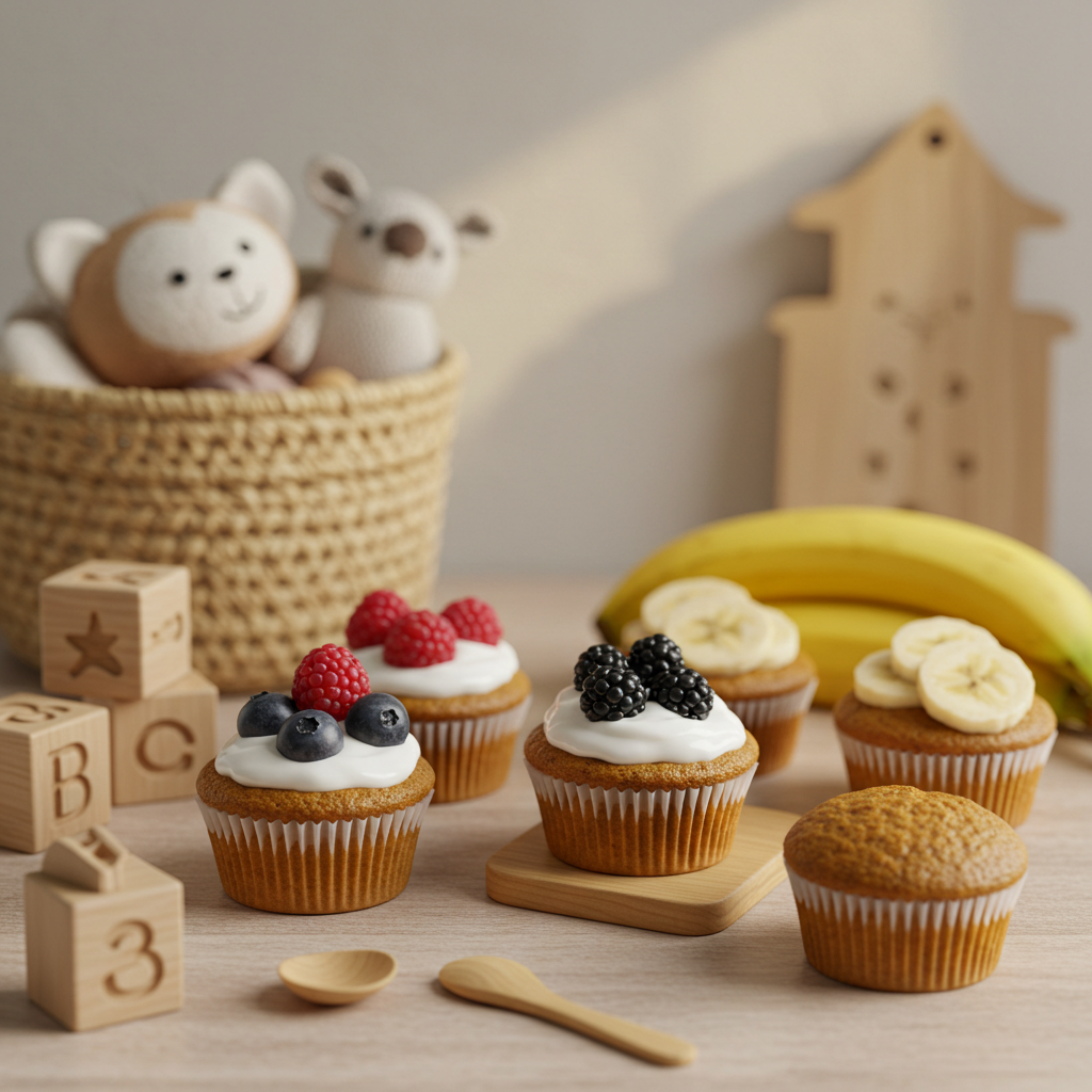 Healthy baby cupcakes topped with fruit and yogurt on a birthday table
