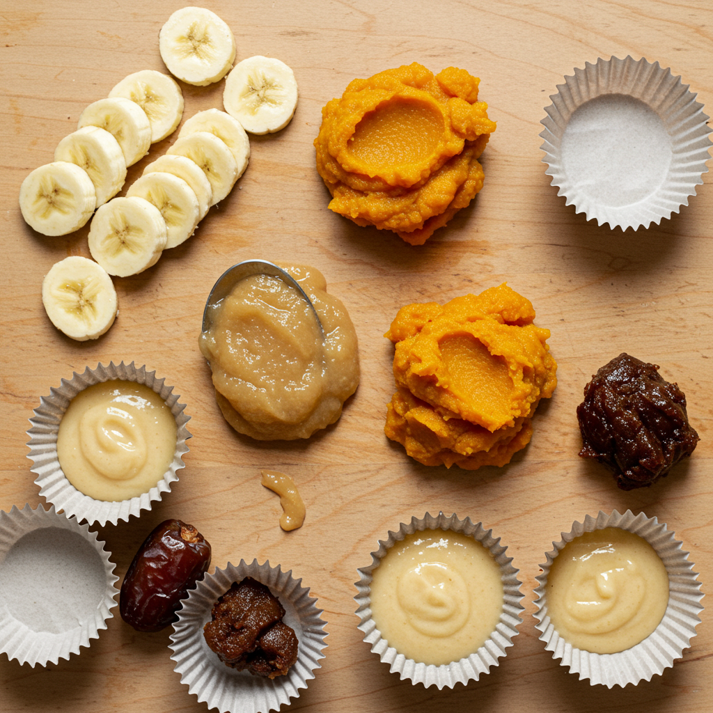 Natural ingredients for baby healthy cupcakes including banana, applesauce, and pumpkin