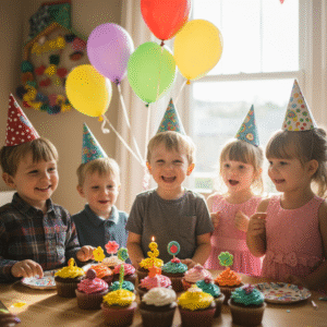 Preschool kids celebrating with cupcakes at a birthday party