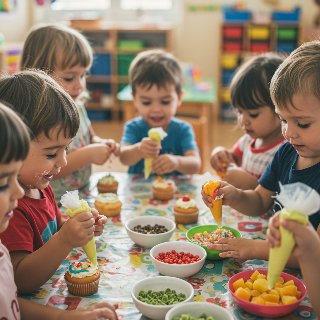 Decorating Fun for Preschoolers Kids decorating cupcakes with frosting and sprinkles