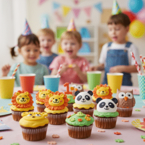 Animal-themed cupcakes on a birthday table for preschool kids