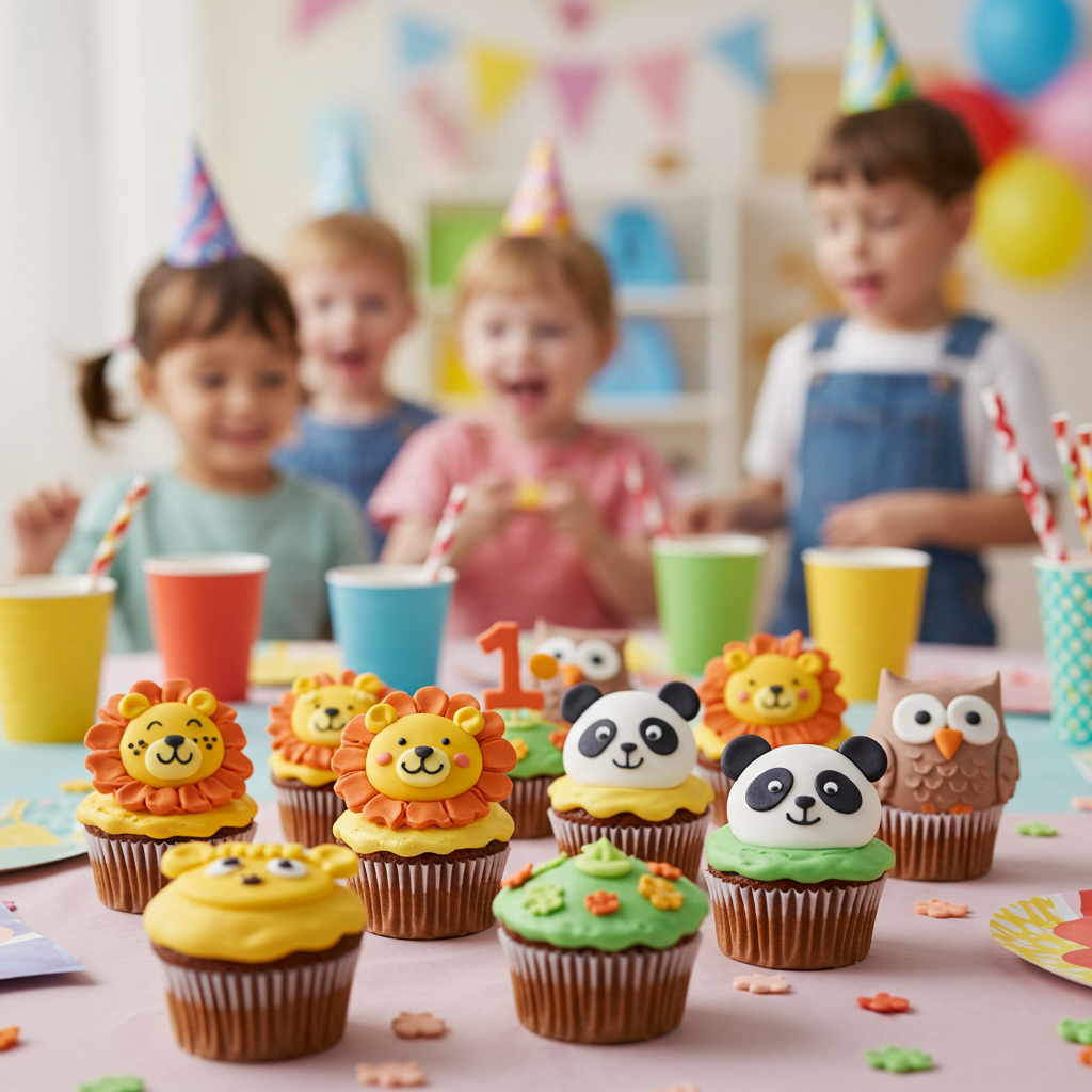 Animal-themed cupcakes on a birthday table for preschool kids