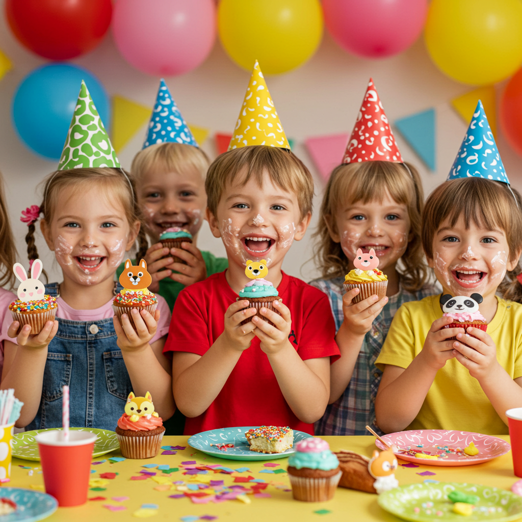 Preschool kids holding animal-themed cupcakes at a party