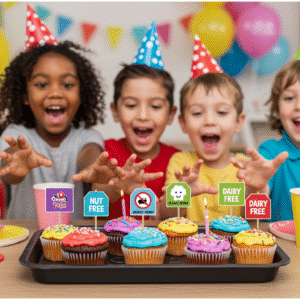 Allergy-friendly cupcakes with ingredient labels for preschoolers
