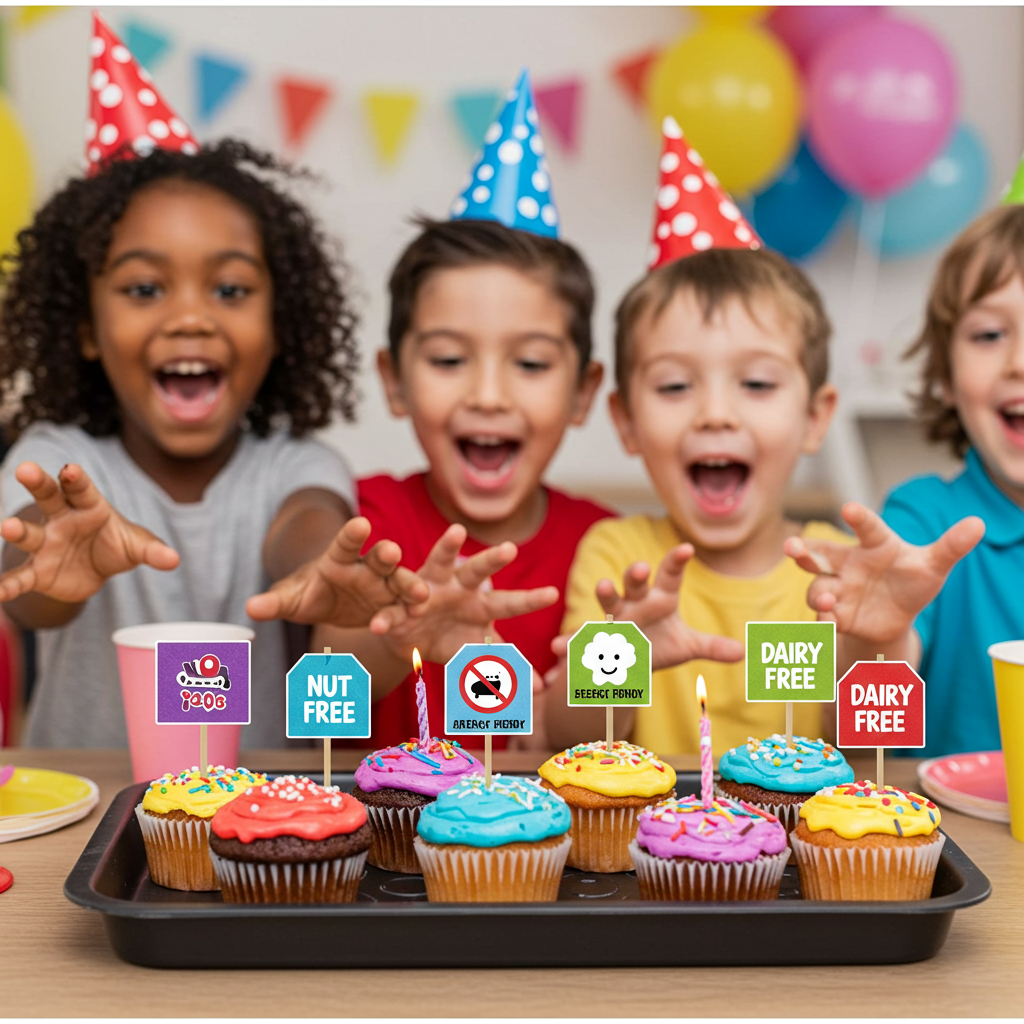 Allergy-friendly cupcakes with ingredient labels for preschoolers