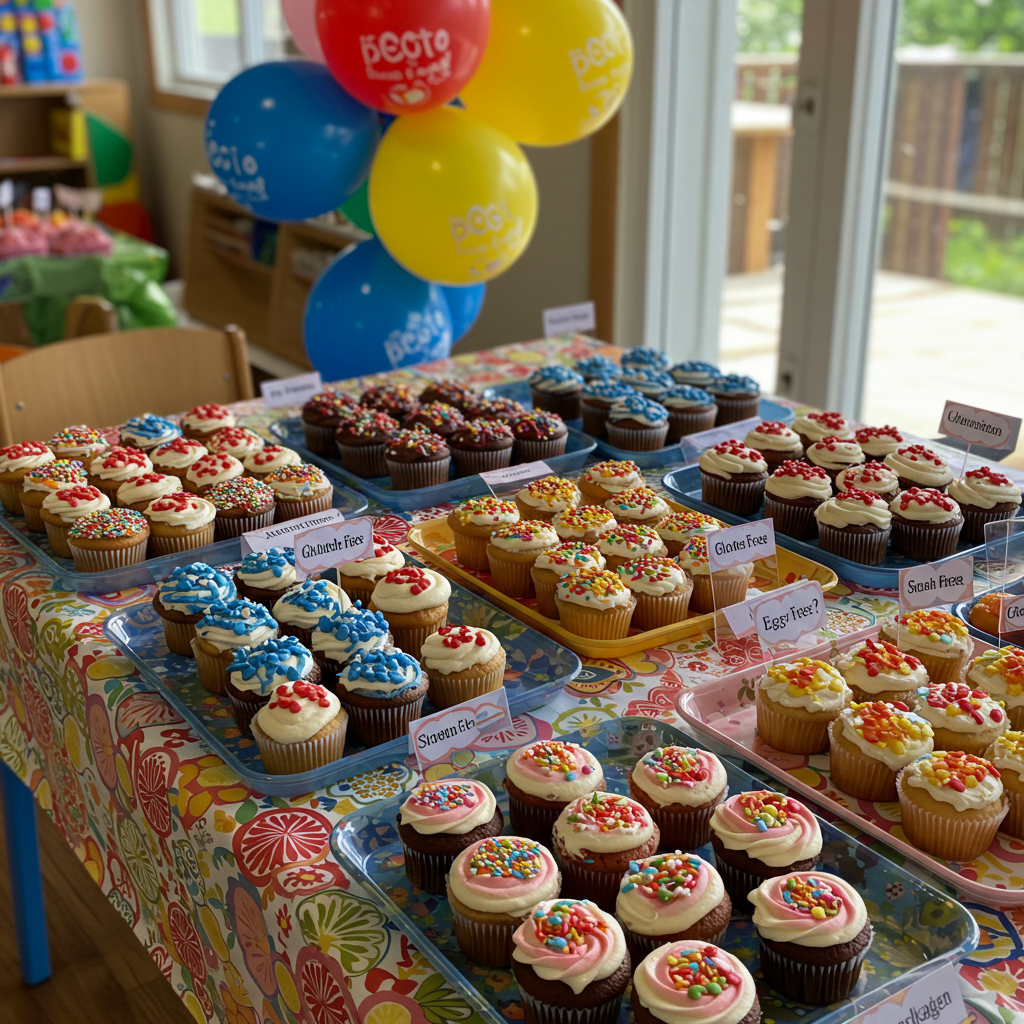 Clearly labeled allergy-friendly cupcakes for kids’ party
