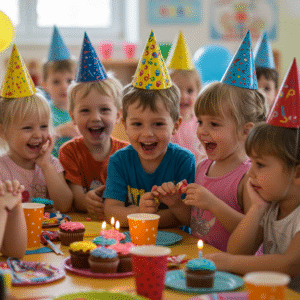 Preschool kids enjoying cupcakes at a birthday party