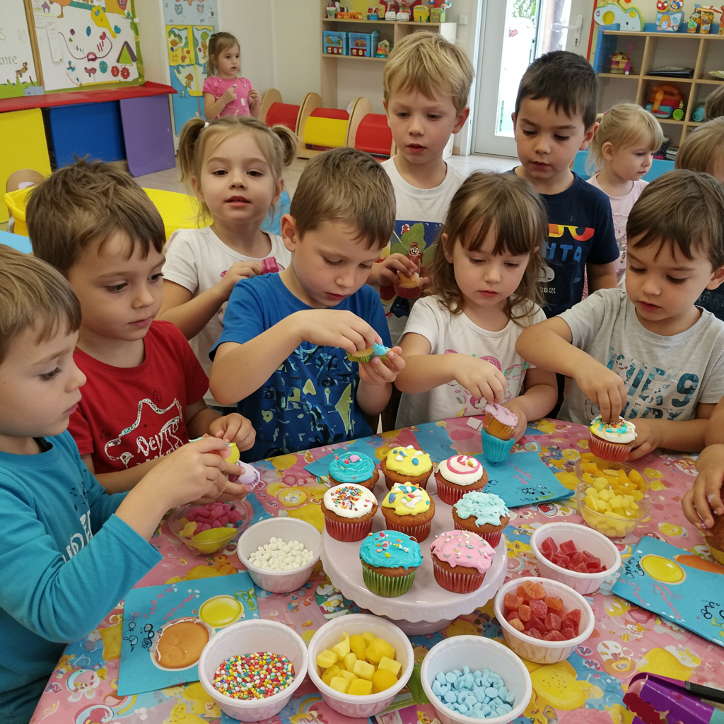 Preschool children decorating cupcakes at a party