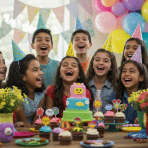 Kids ages 7–12 enjoying themed cupcakes at a birthday party