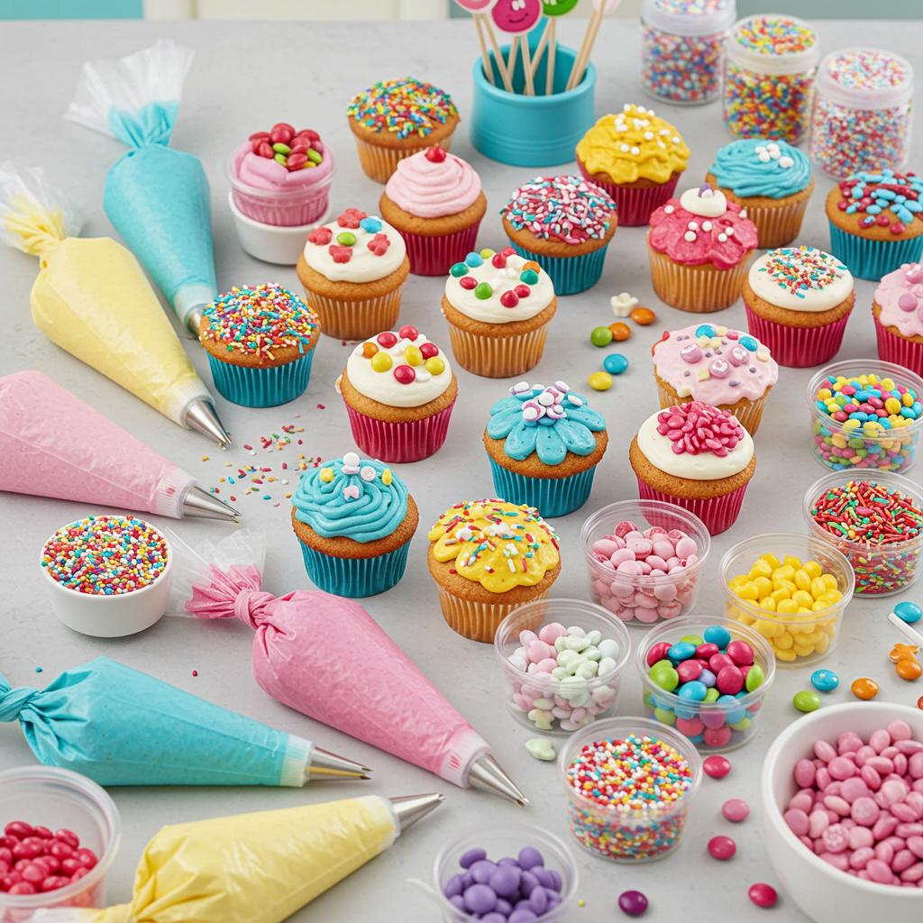 DIY cupcake decorating station at a kids' birthday party