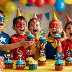 Superhero cupcakes at a birthday party