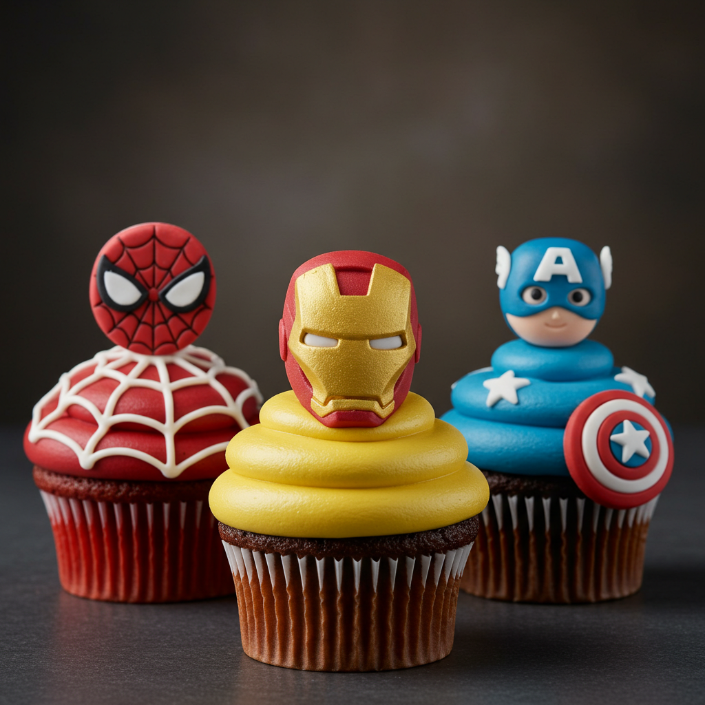 Superhero Cupcake Ideas with Spider-Man, Iron Man, and Captain America designs
