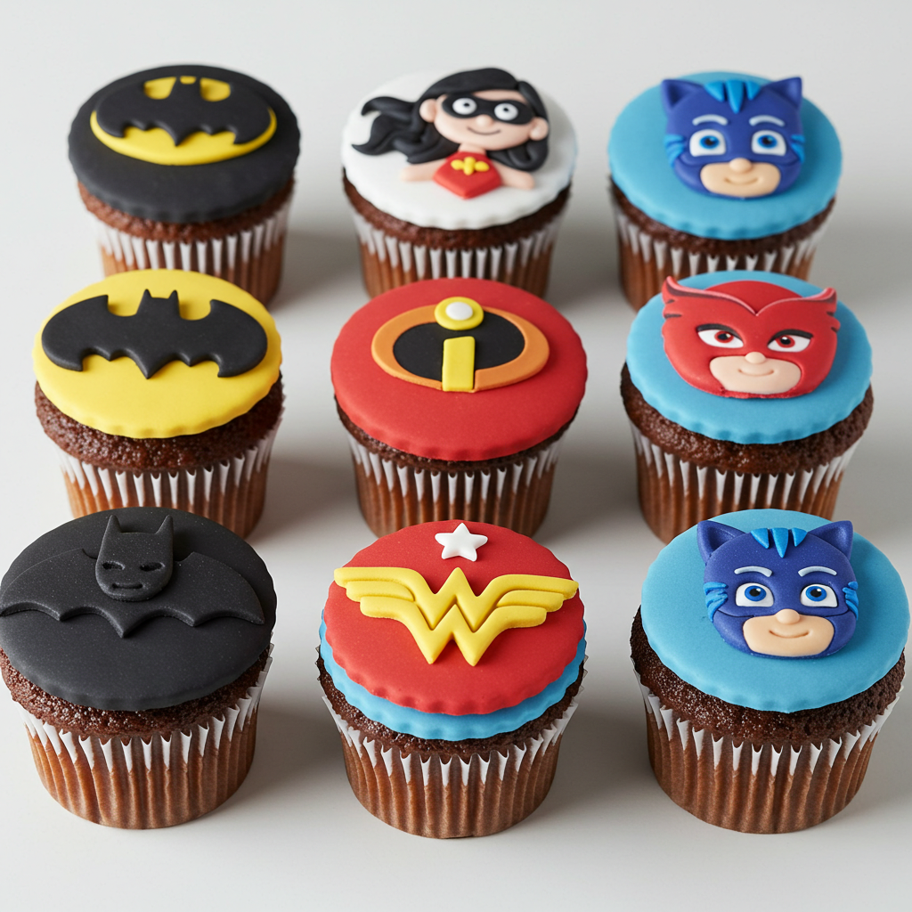 Cupcakes styled as DC heroes and animated favorites