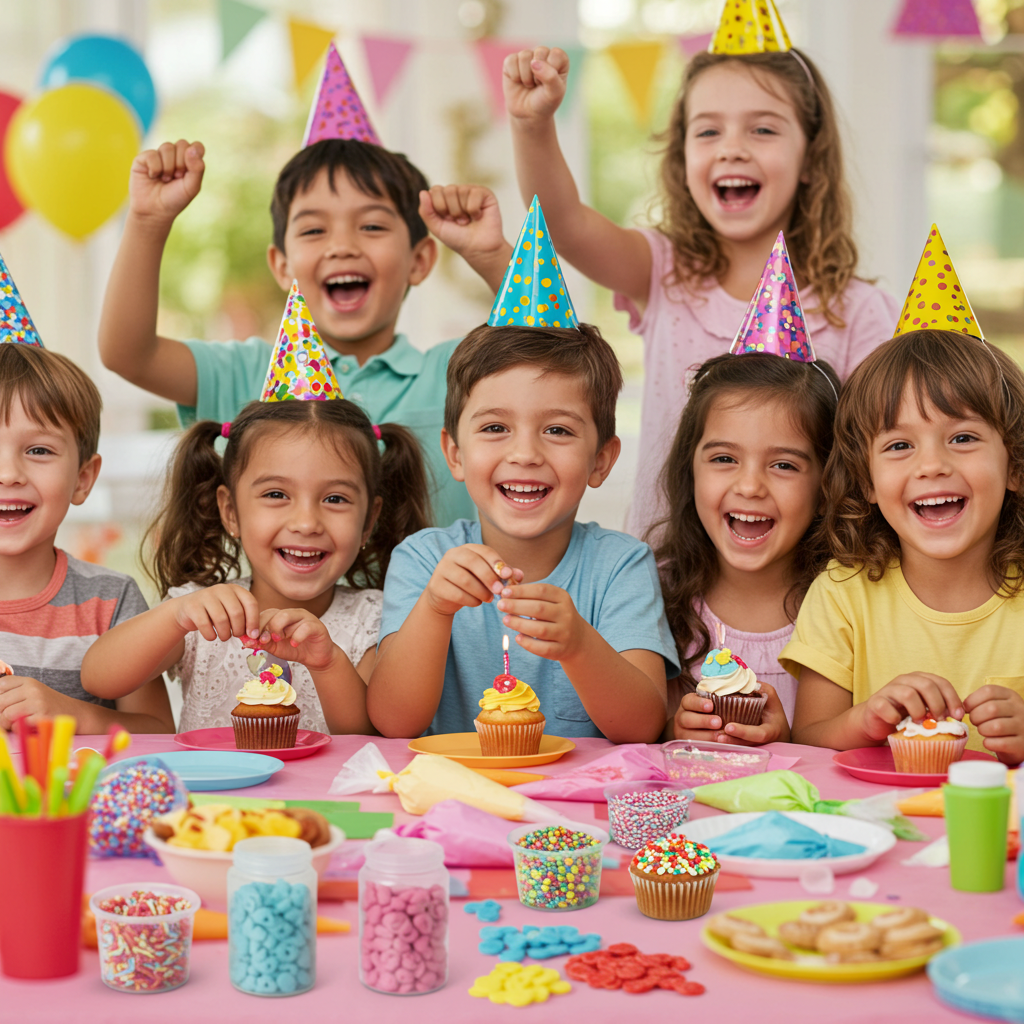 Kids decorating cupcakes at a birthday party