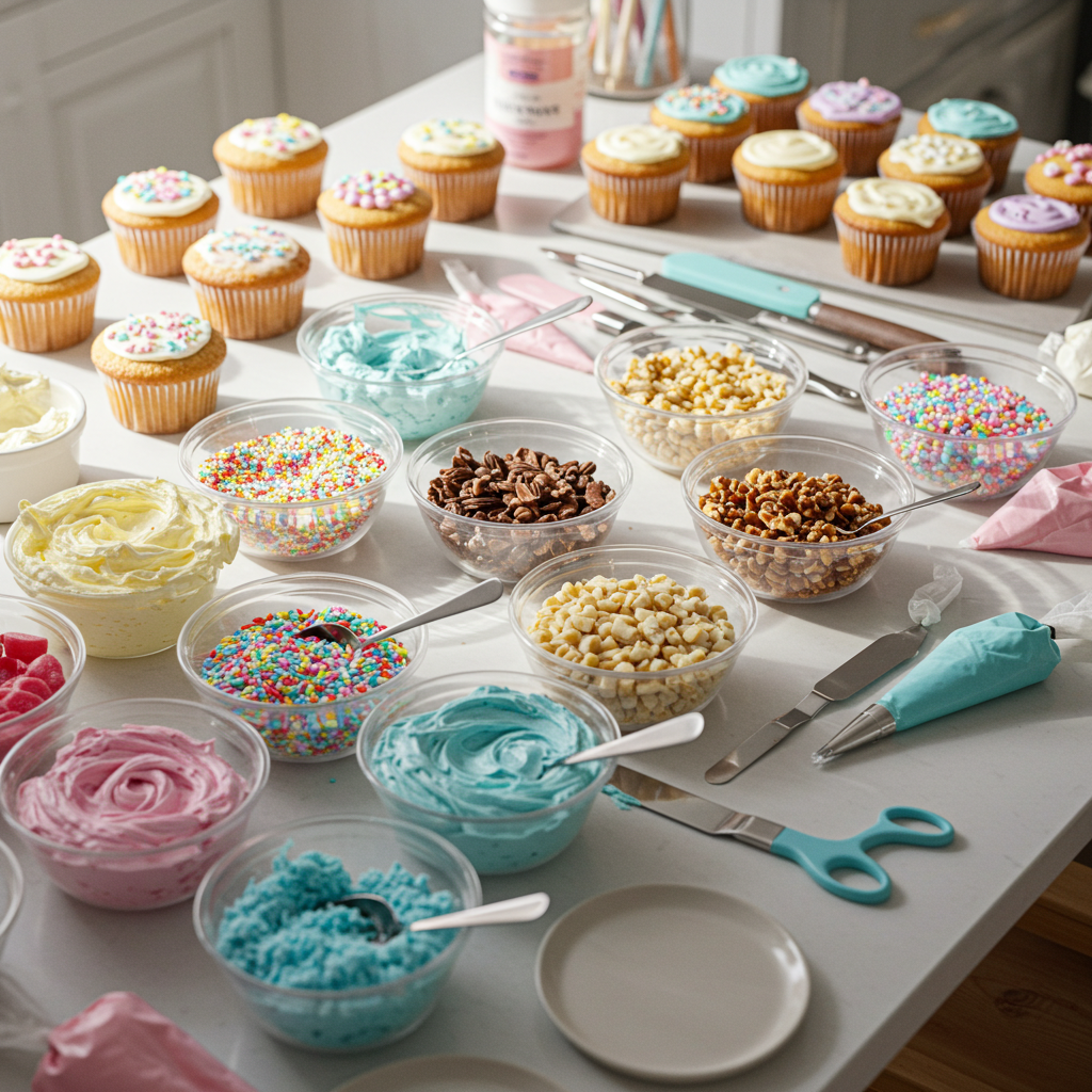 Organized cupcake decorating station with toppings and frosting