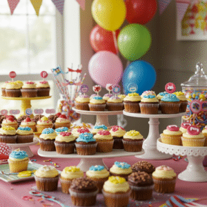 Assorted cupcakes on a decorated birthday table