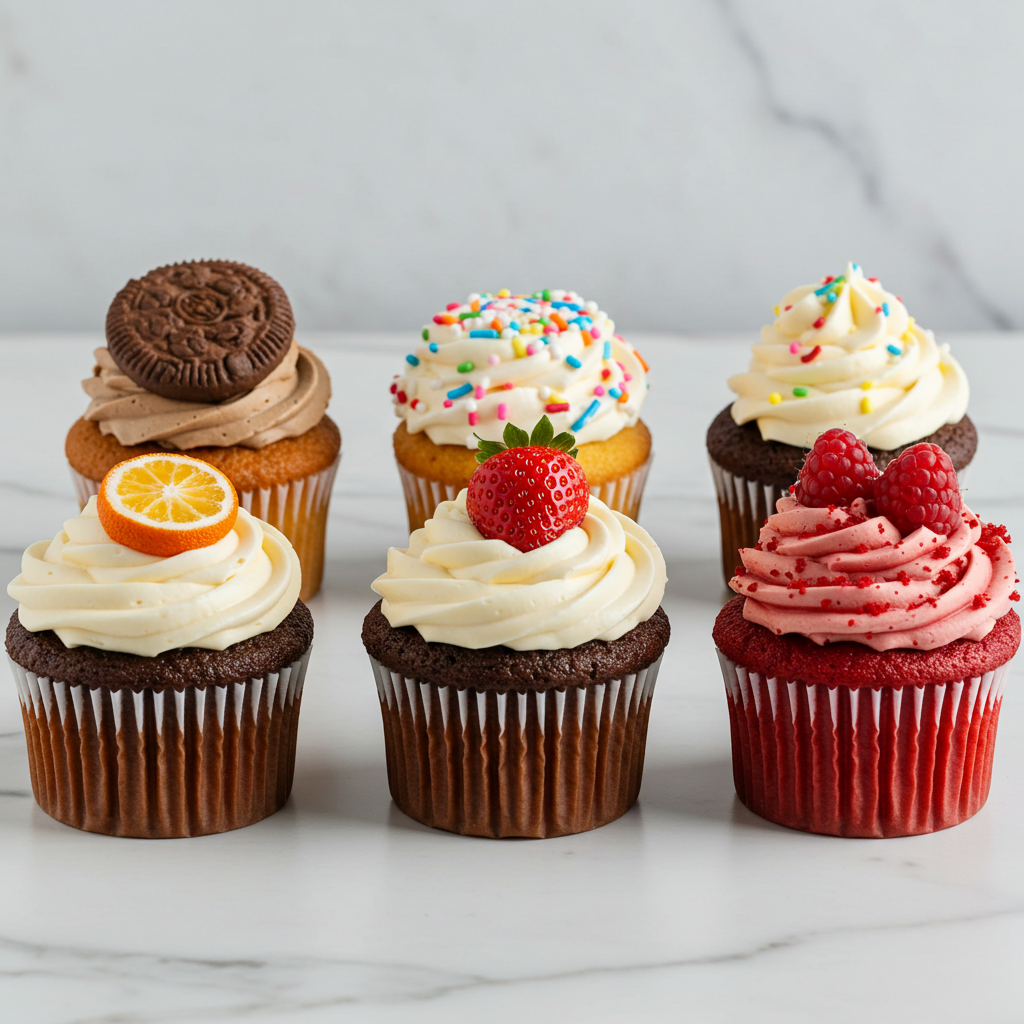 Six cupcakes with different kid-friendly flavors