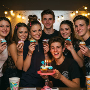 Teens celebrating with cupcakes at a stylish birthday party