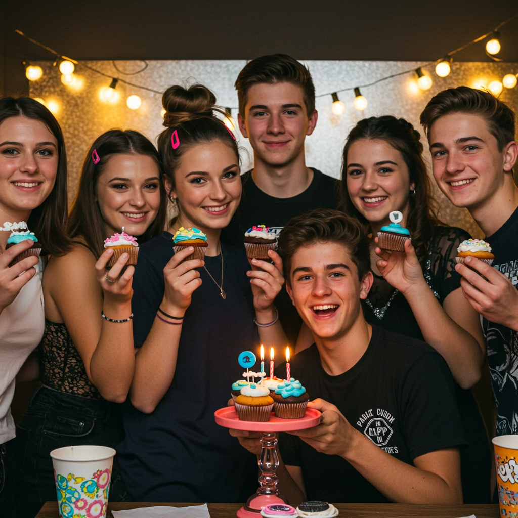 Teens celebrating with cupcakes at a stylish birthday party