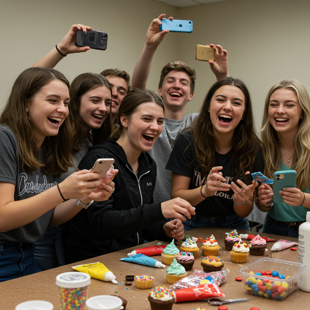 Teens doing cupcake decorating challenges at a party