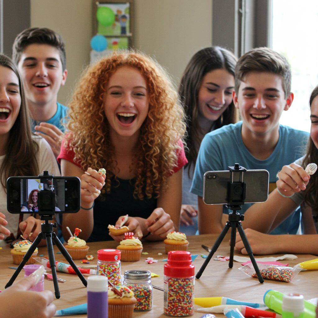 Teens doing cupcake decorating challenges at a party