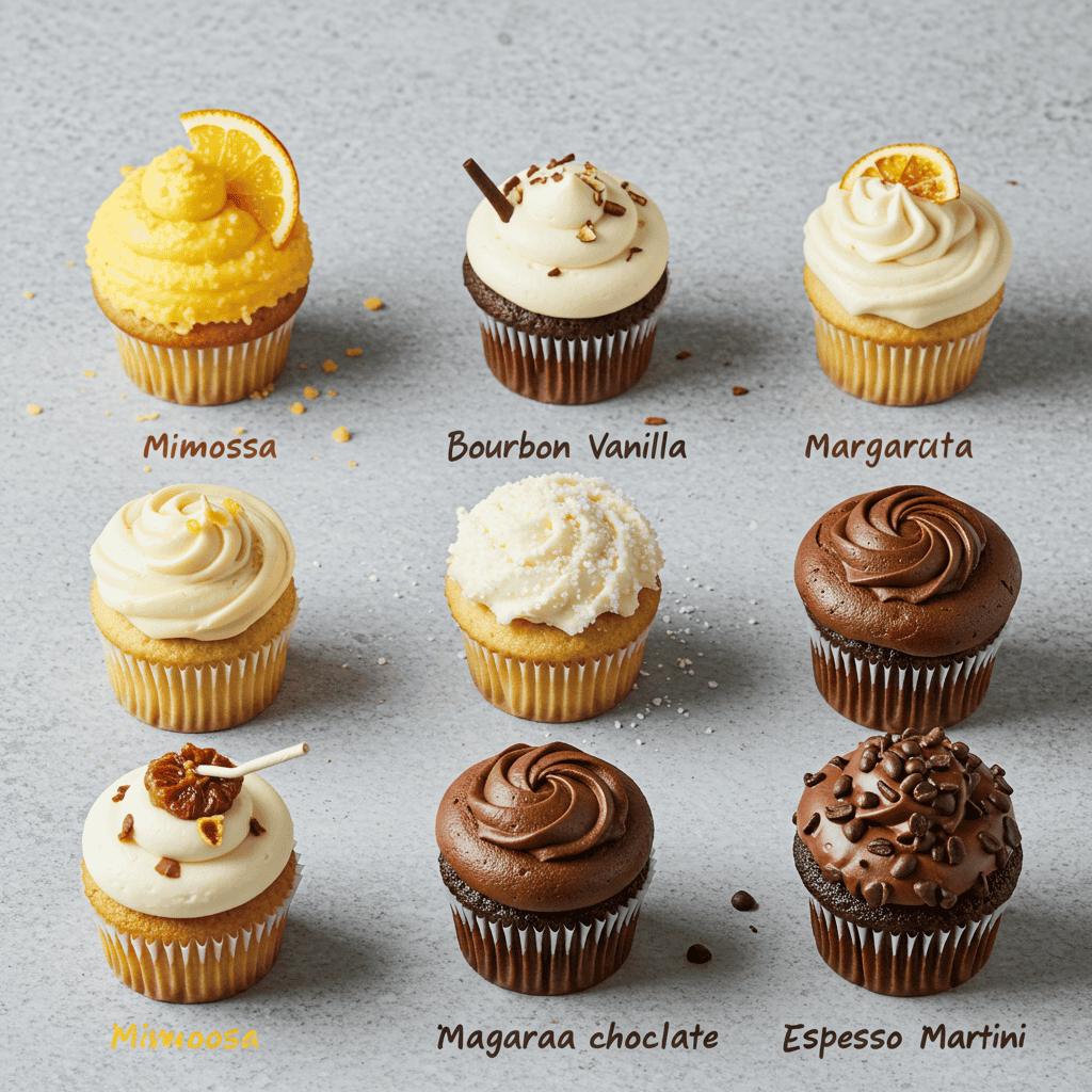 Assorted boozy cupcakes styled after cocktails