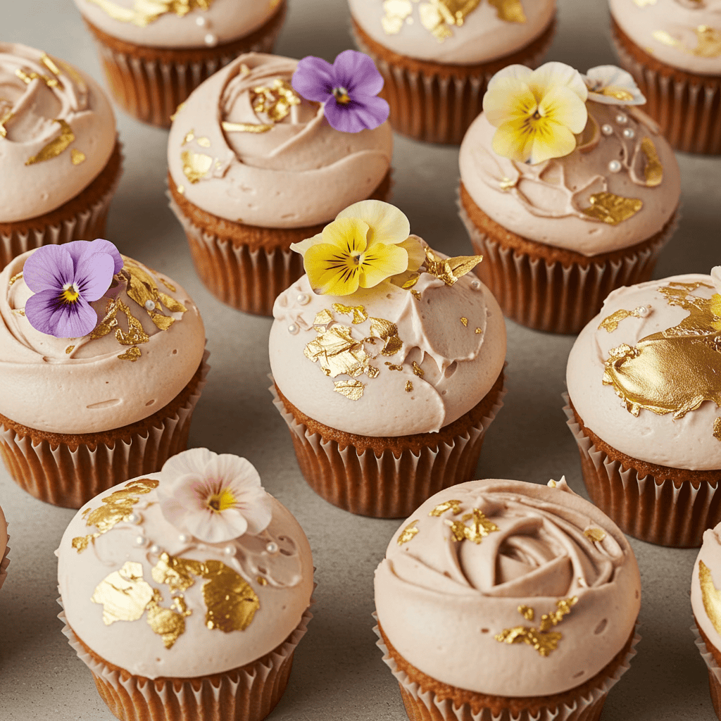 Cupcake Designs: Assorted elegant cupcakes with floral and metallic elements