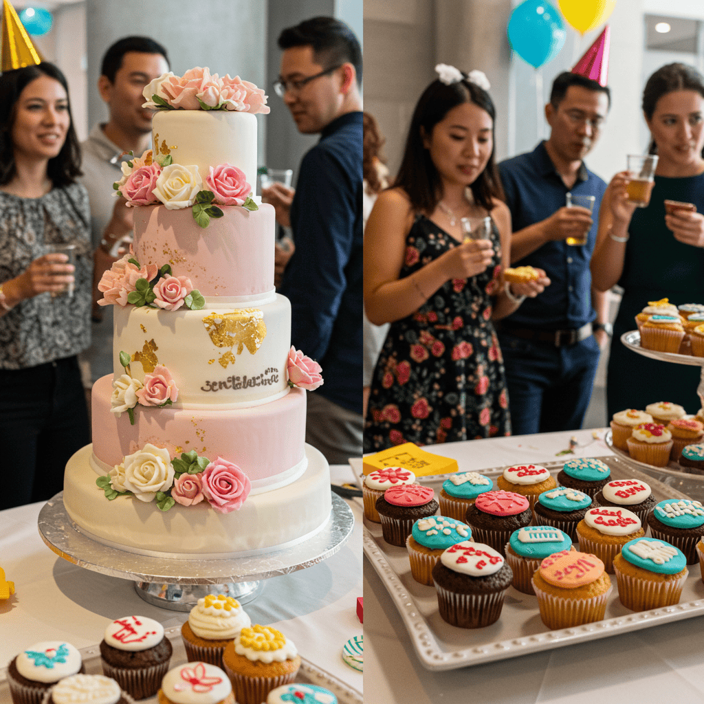 Cake and cupcakes at an adult birthday celebration