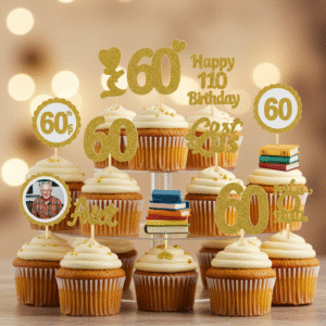 Themed cupcakes for a 60th birthday and retirement celebration