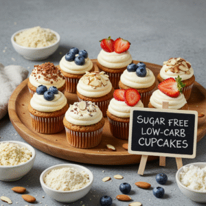 Sugar-free and low-carb cupcakes arranged for a senior-friendly celebration
