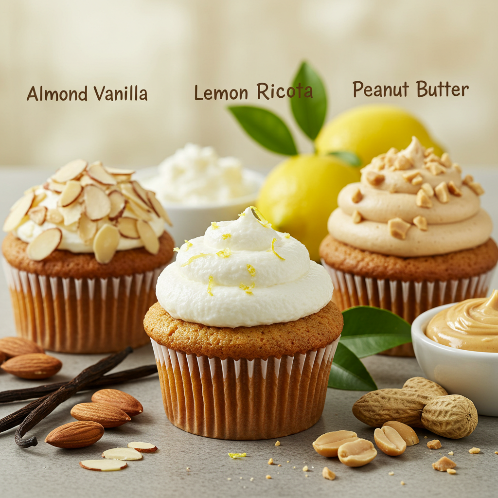 Low-carb and sugar-free cupcake close-ups with ingredients