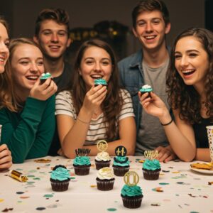 Teens celebrating with gender-neutral cupcakes