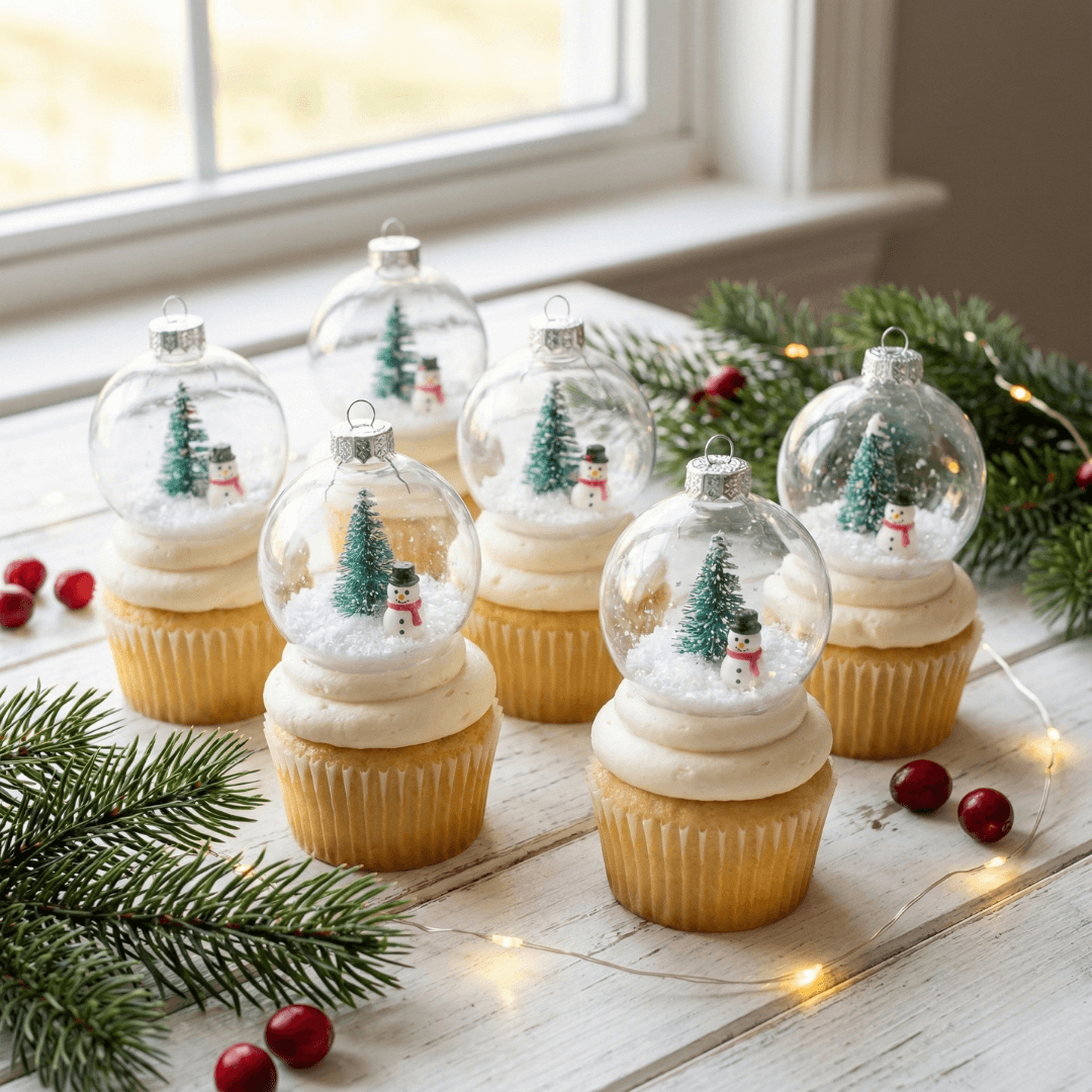 Easy no‑bake snow globe cupcakes made with store‑bought cupcakes and clear plastic domes filled with Christmas decorations